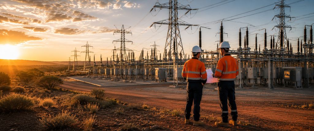 Engineers reviewing critical power system design at an electrical substation